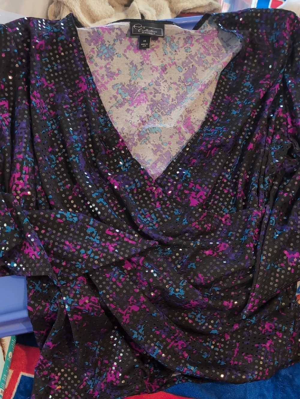 dressbarn Black V-Neck Sequin Top with Pink & Blue Accents